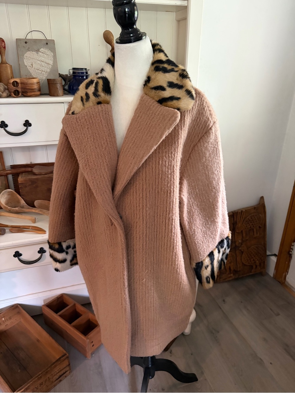 Dixie Women's Taupe Coat with Leopard Trim